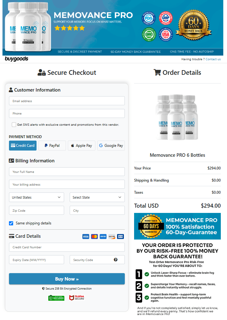 Memo Vance PRO order page